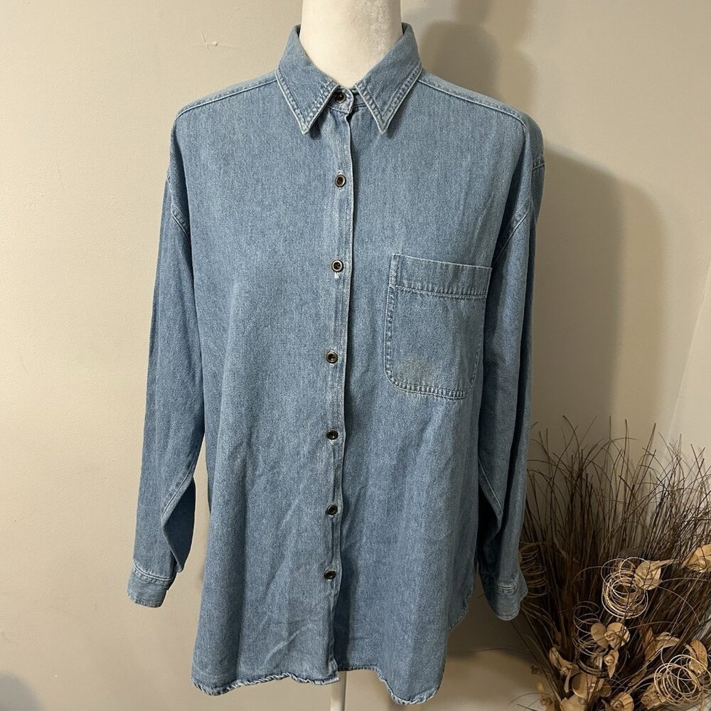 Vtg Andrew’s Blues 90s Women Light Blue Denim Button Up Shirt 100% Cotton Sz L